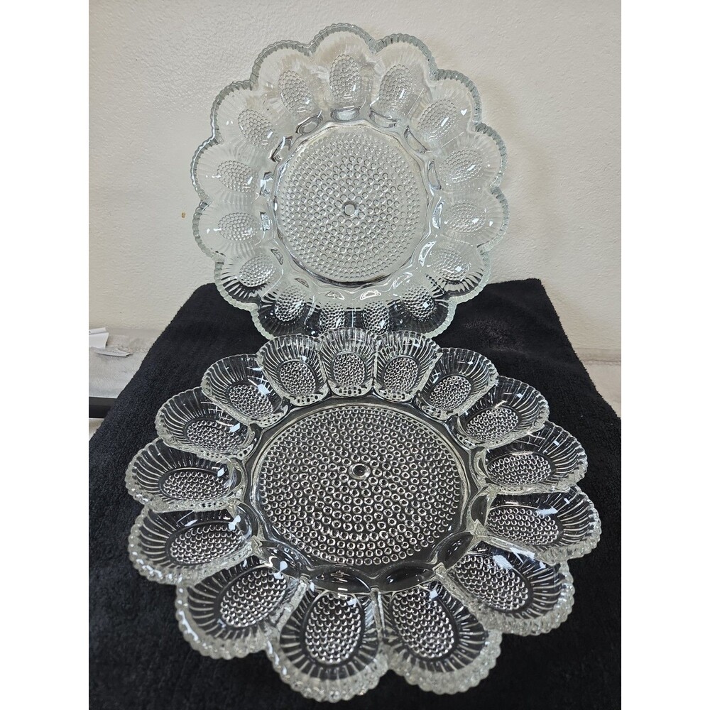 2Vintage Indiana Glass Crystal Hobnail Deviled Egg 11”Serving Plate CottageCore